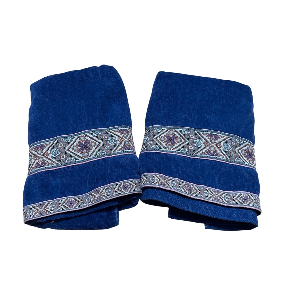 VTG Martex Royal Blue Bath Towels Set of 2 Geometric Jacquard Aztec Border USA